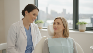 Prudential Dental Clinic | What to Expect at Your First Dental Visit in Sydney CBD Smiling dentist in a white coat greets a blonde patient seated in the dental chair during her first dental visit at a bright