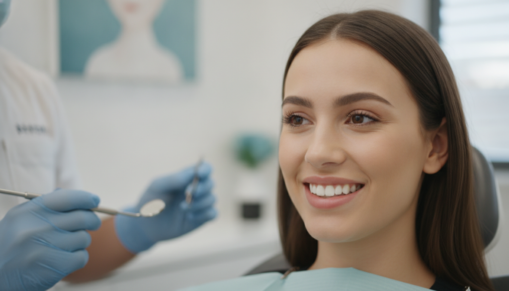 A smiling woman with long brown hair in a dental chair with a bib, as a dentist holds tools