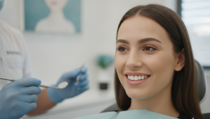 Prudential Dental Clinic | Understanding Porcelain Veneer Prices in Five Dock A smiling woman with long brown hair in a dental chair with a bib, as a dentist holds tools