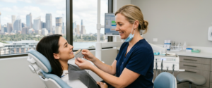 Prudential Dental Clinic | Teeth Whitening Cost Sydney: 2026 Professional Price Guide Dentist comparing tooth shade guide with patient during a teeth whitening cost consultation in Sydney