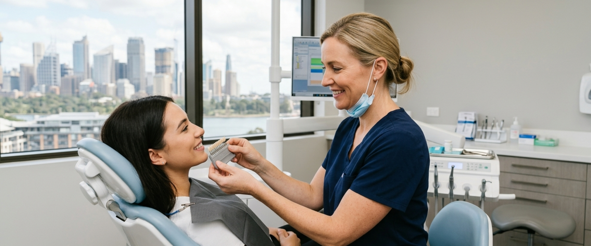 Dentist comparing tooth shade guide with patient during a teeth whitening cost consultation in Sydney
